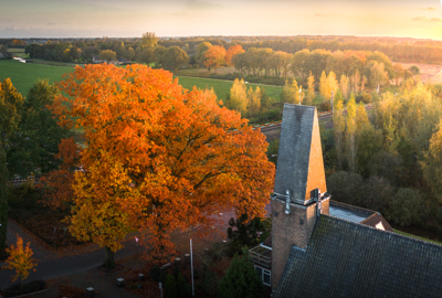 Torentje kerk met boom in herfstkleur